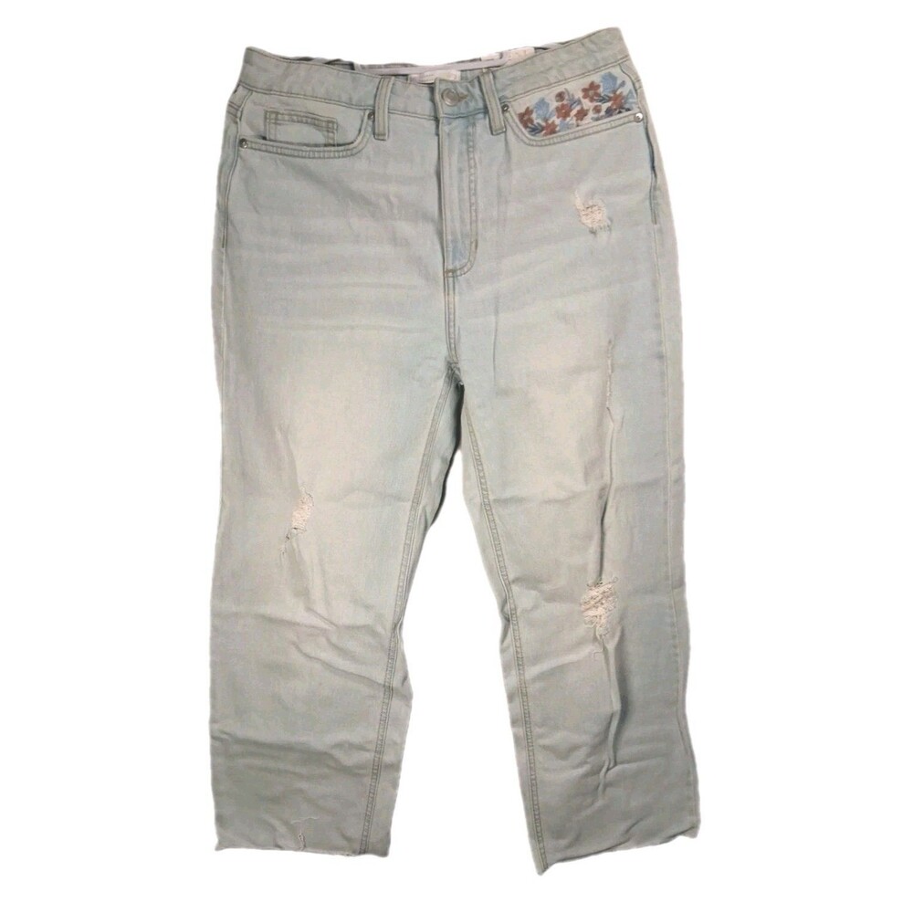 Lauren Conrad Super High Rise Crop Jeans Womens 10 Floral Embroidery Light Wash